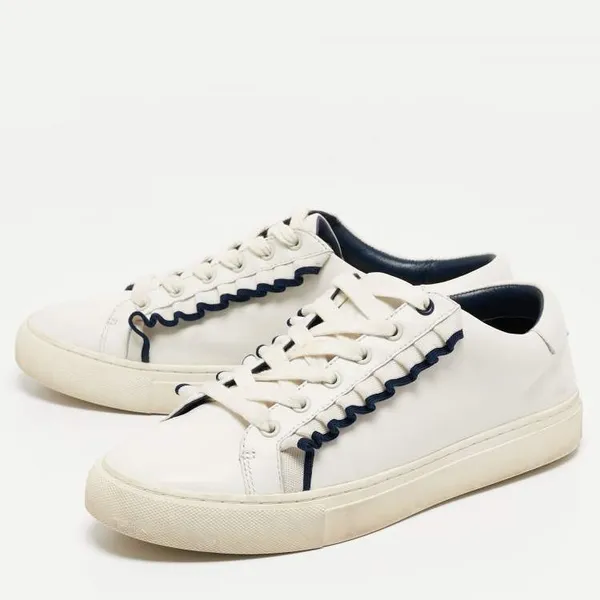 Tory‎ Burch Sport White Leather Ruffle Low Top Sneakers Lace Up Size 7 - Image 12
