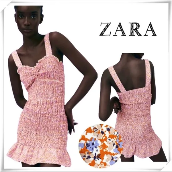 Zara Floral Ditsy Orange Lilac Smocked Sleeveless Minidress, EUC, Size Medium - Image 3