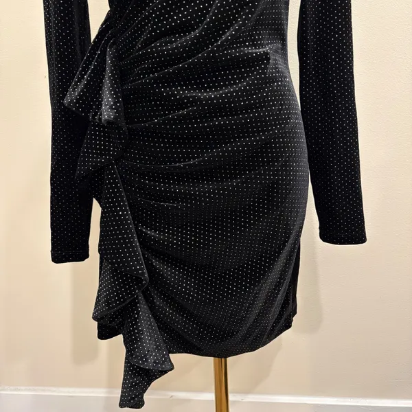 Saylor Black Velvet Glitter Micro Dot‎ V-Back Ruffle Mini Dress XS Going Out - Image 4