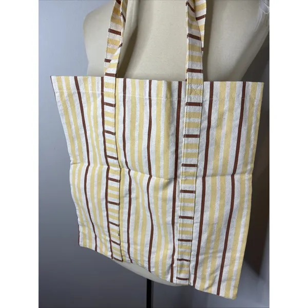 Sézane et Octobre Editions Cotton Tote Bag Tall Brick Stripe Print Yellow Brown - Image 3