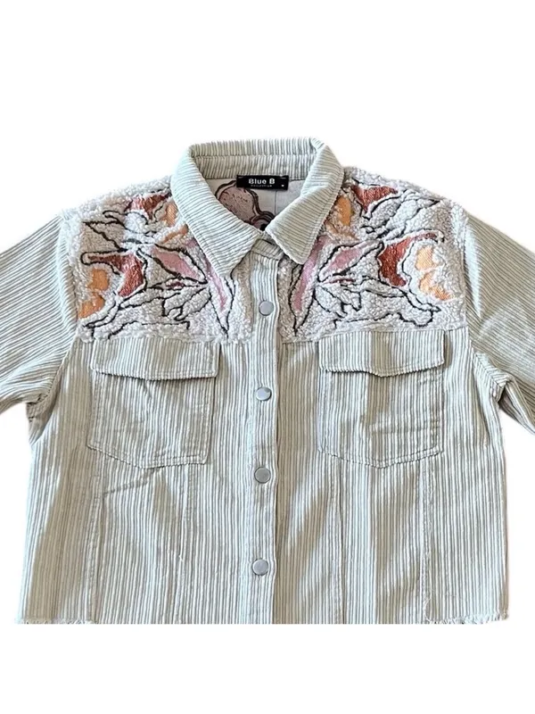 $80 NWT blue b Cream Embroidered Corduroy Fray Edge Western jacket M - Image 4
