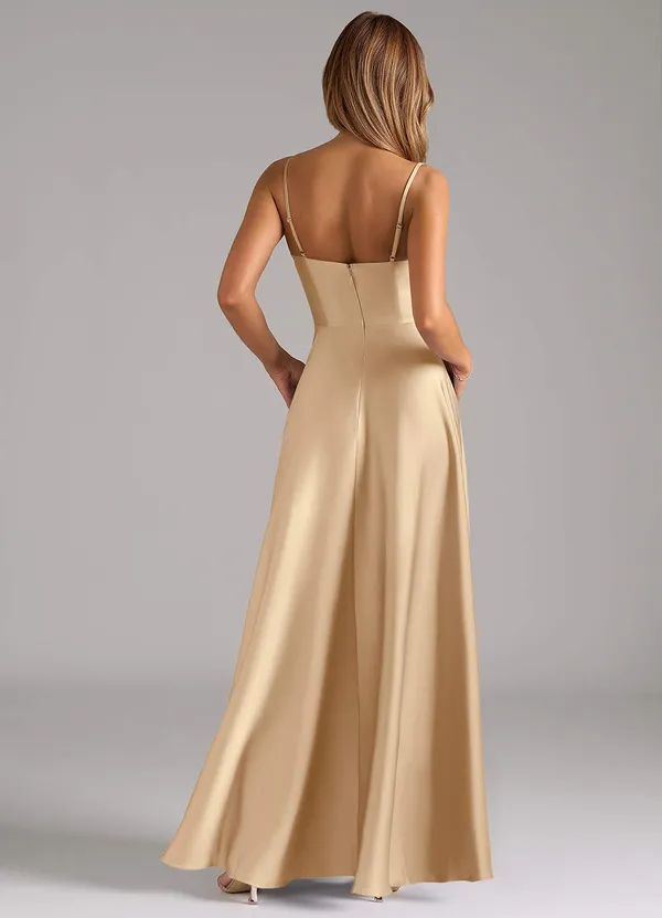 Azazie Elle Stretch Champagne A-Line Pleated Stretch Satin Dress - Image 4