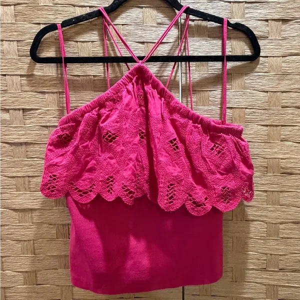 Anthropologie Ruffled Embroidered Halter Tie Back Tank in Medium Pink - Image 3