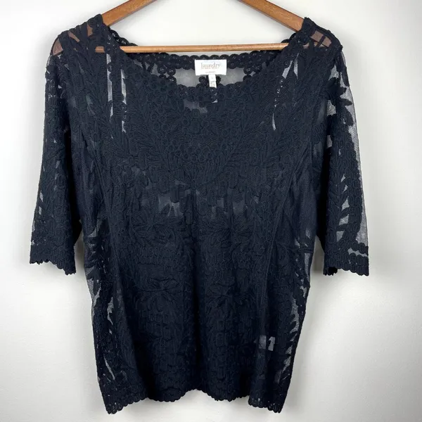 Laundry by Shelli Segal Blouse‎ Large Black Lace Brocade Over Mesh Scalloped Hem - Image 11