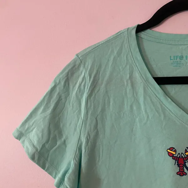 Life Is Good Teal Blue V-neck Tee Cotton Lobster Girl Gorpcore Women size Medium - Image 4