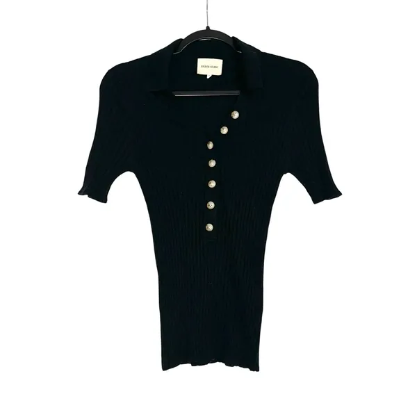 Loulou Studio Socotra Wool Cashmere Black Ribbed Short Sleeve Polo Top MEDIUM - Image 4