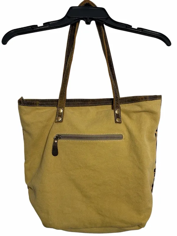 NWOT Myra Bag Barbarian Hair Leopard Gold Tan‎ Canvas Brown Leather Zip Tote Bag - Image 3