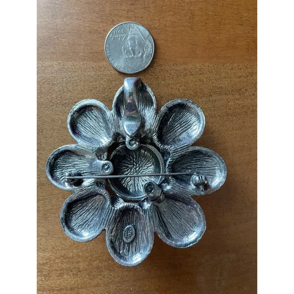 Vintage Premier Designs Silver Tone White Faux Turquoise Flower‎ Brooch Pendant - Image 2