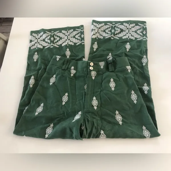 Zara Embroidered Palm Tree Culottes‎ Pants Size S Green White High Waist Linen - Image 5