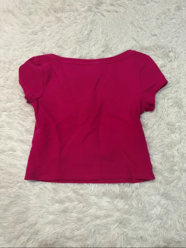 Anthro cinched front Women’s Short Sleeve Scoop Neck Top - Fuchsia Pink - Image 2