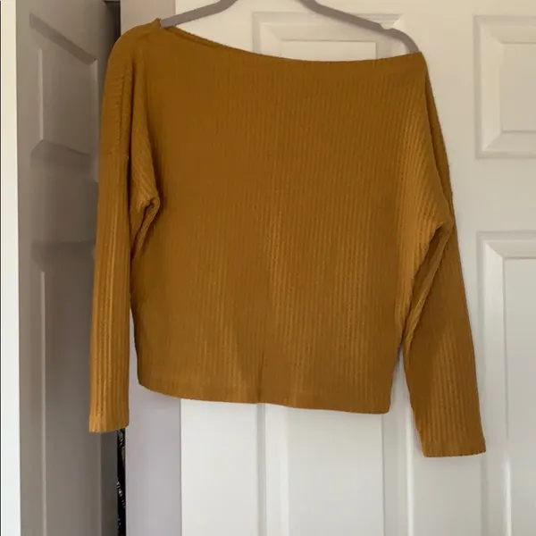 Express Mustard Waffle Knit Off Shoulder Top M - Image 3