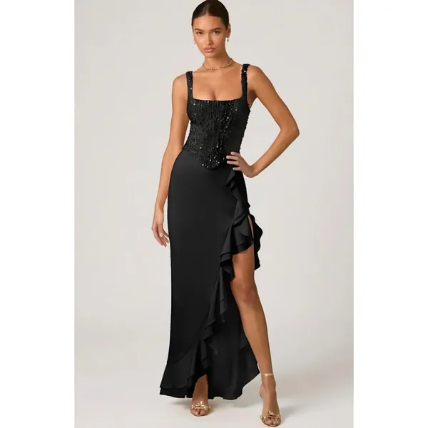 Oh Polly Robina Embellished Ruffle-Trim Corset Gown Maxi Dress in Black size 4 - Image 8