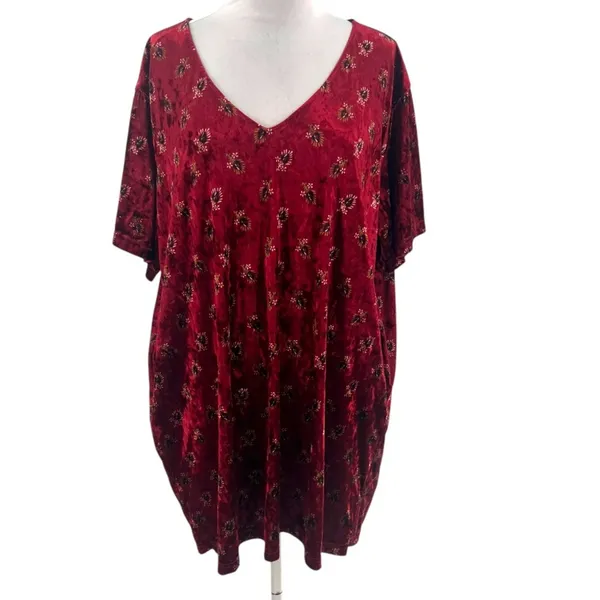 Natural Life Claire Velvet floral Mini Dress V-Neck Cranberry Floral‎ Sz L - Image 5