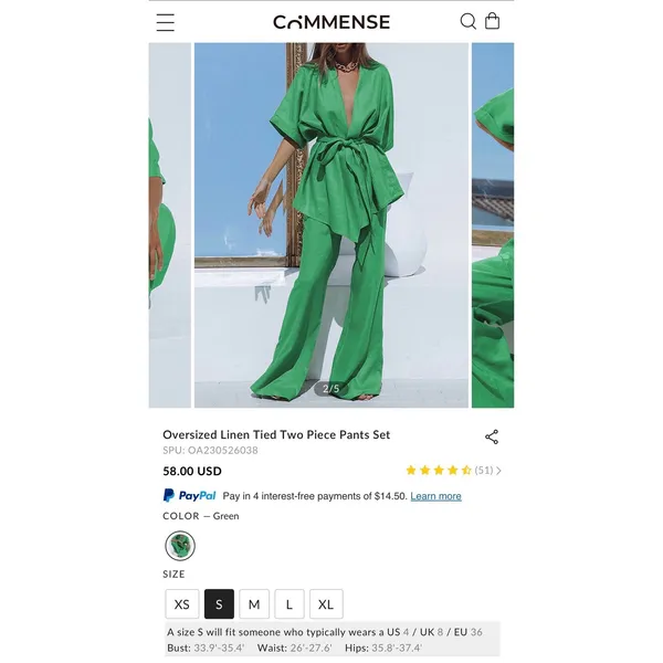 Commense Oversized Linen Tied Two Piece Pants Set in Green Size Small - Image 8