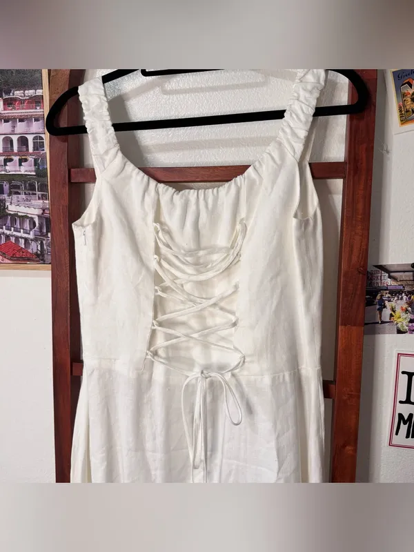 Reformation 100% linen sleeveless midi dress corset tie back white - Image 6