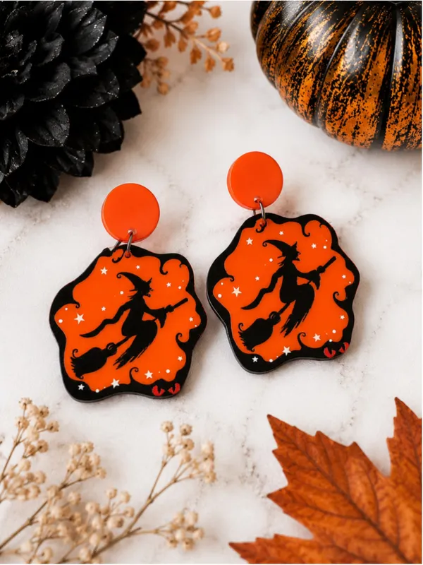 NEW Halloween Flying Witch Orange Acrylic Dangle Earrings Spooky Fall - Image 3