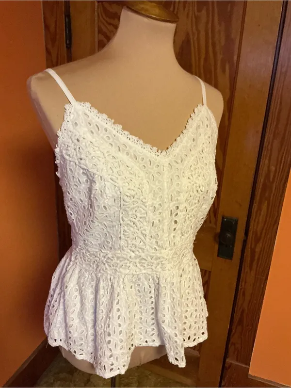 Japna White Eyelet Lace Peplum Cami Top Large Boho Cottagecore Adjustable Straps - Image 6