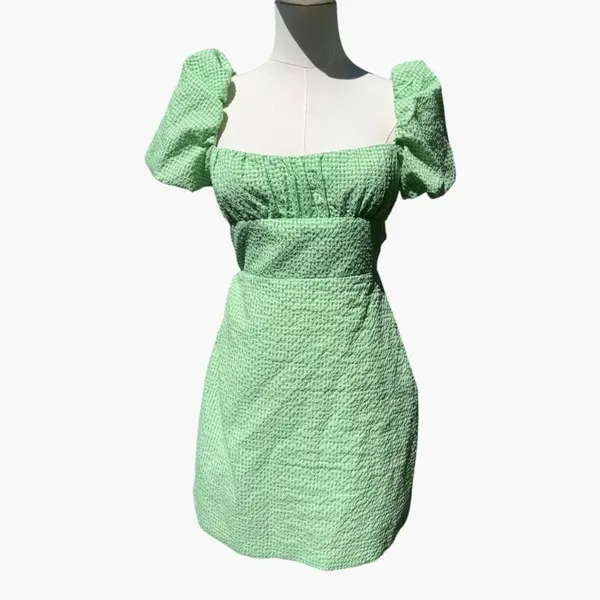 Zara Green Gingham Puff Sleeve Mini Dress Cottagecore Lace Back Medium Backless - Image 4