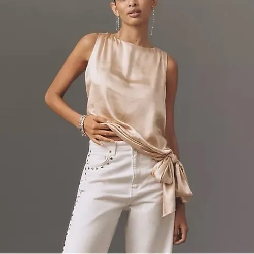 Mare Mare Asymmetric Knot Blouse Womens Size XS Gold Satin Tank Anthropologie - Image 5