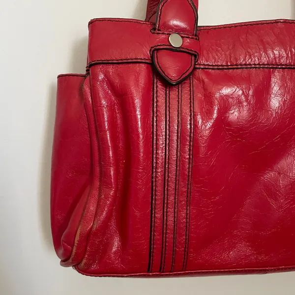 Kate Landry Red Leather Shoulder Bag Zebra Print Lining‎ Multi Compartment Tote - Image 2