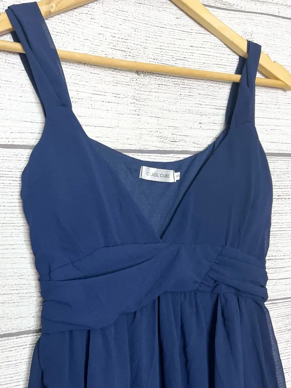 Navy Blue Sleeveless Empire Waist Leg Slit Maxi Dress Evening Gown Size Small - Image 3
