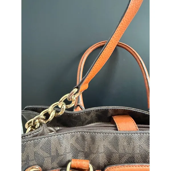 Michael Kors Hamilton Satchel Brown Logo PVC Leather Preppy Classic Tote Bag - Image 4