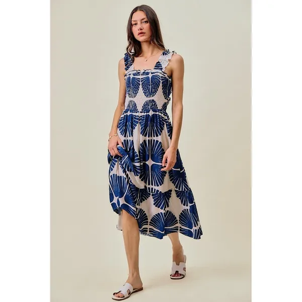 SO ME Abstract Print Smocked Bodice Tiered Lined Midi Dress - Navy - Medium - Image 6