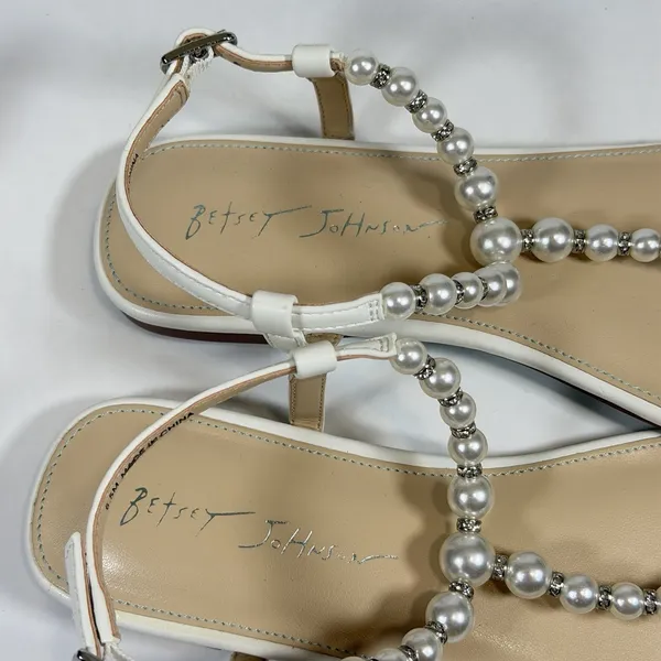 Betsey Johnson Size-6.5 Women Flat Sandals‎ Gal Pearl Strap White - Image 2