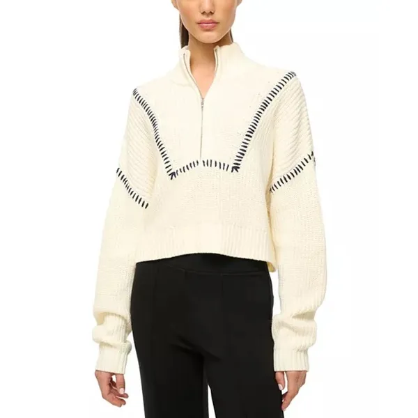 Staud Hampton Cropped Sweater Cream and Navy Blue Stitch - Image 2