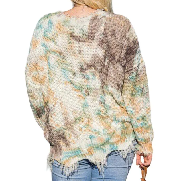Main Strip Tie Dye Distressed V Neck Sweater - Image 3