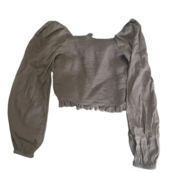 American Eagle Smocked Crop Top Women's Size S Brown Long Sleeve‎ Tie Front - Image 2