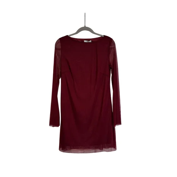 RIHOAS Women's Burgundy Mesh Bell Sleeve Mini Dress Size S NWT - Image 2