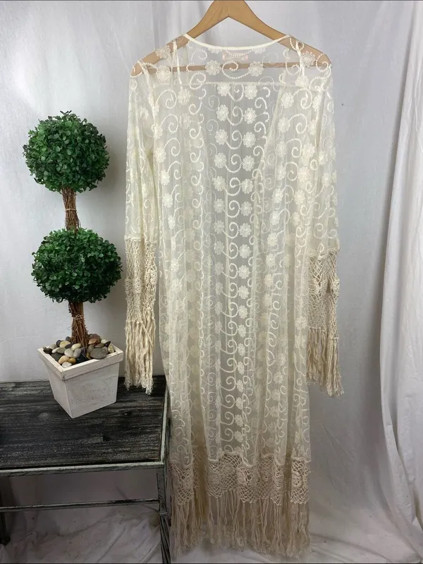 Band of Gypsies Cream Ivory Sheer Crochet Fringe Open Front Boho Duster M - Image 3
