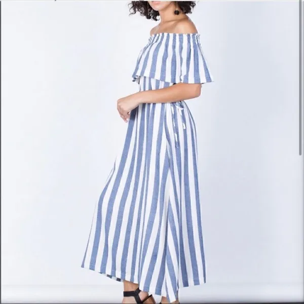 Ark & Co Womens Blue//White Striped Off Shoulder Smocked Maxi Dress Medium - Image 2