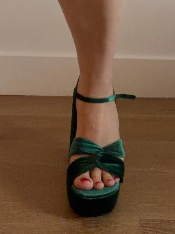 Primark Green Velvet Platform Block Heels gently used - Image 7