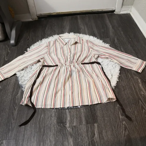 Motherhood Maternity Striped Button Up Tie Belt Elastic Waist Top L Multicolor - Image 5