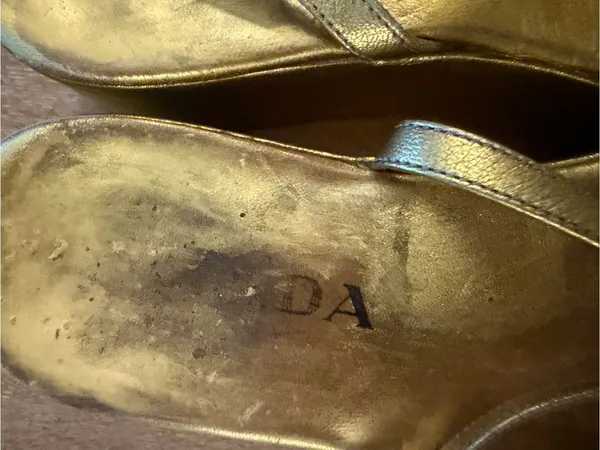 Prada Gold Metallic Platform Ankle-Strap Sandals heavily worn out - Image 7