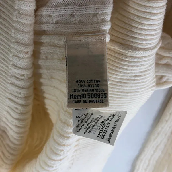 LL Bean Womens Sweater Cotton Wool Blend Cable Knit Scoop Knit Ivory M - Image 4