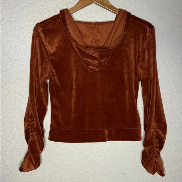 Rust Orange Velvet Crop Hoodie Full Zip Y2K Long Sleeve Ruched 70s Fall - Image 4