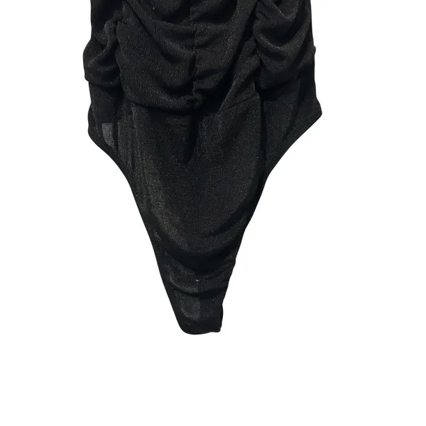 Just Polly New York Bodysuit Y2K Black Ruched Glam Gold Chain Strap Grunge SZ M - Image 4