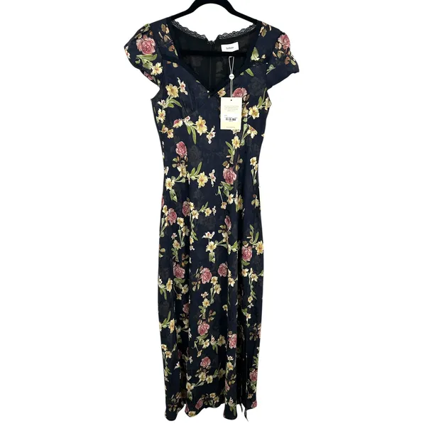 Bohme Floral Cap Sleeve Maxi Navy Blue Lace Autumn Wedding Guest Dress‎ Feminine - Image 2
