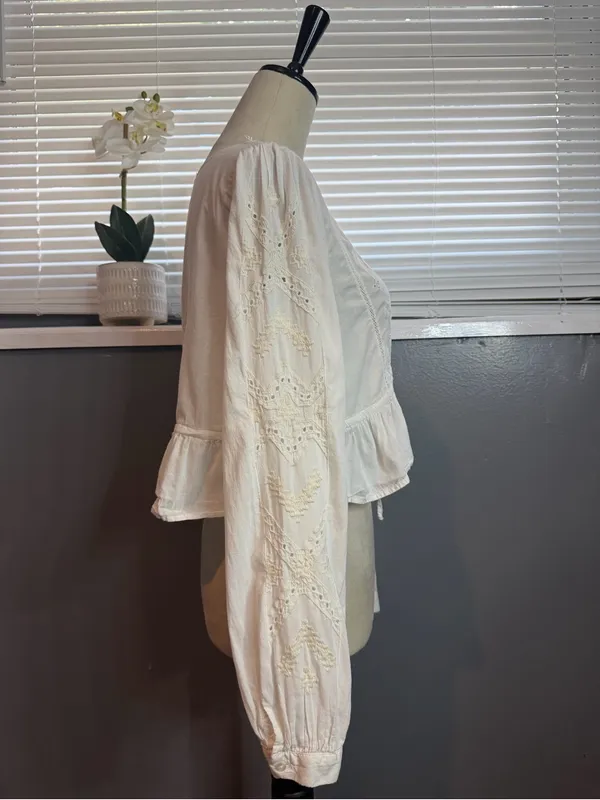 Zara White Embroidered Cotton Crop Blouse Size M Boho Peasant Tie Front - Image 5