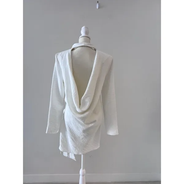 ASOS DESIGN side tie tux mini dress with cowl back detail in ivory US 4 - Image 2