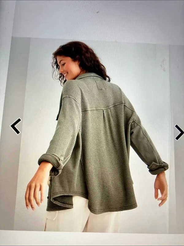Rewind Waffle Knit Shacket Women's Green Utility Jacket Medium - Image 4