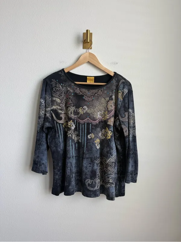 Vintage Katina Marie Y2K Rhinestone Graphic Top 3/4 Sleeve Made USA XL - Image 2