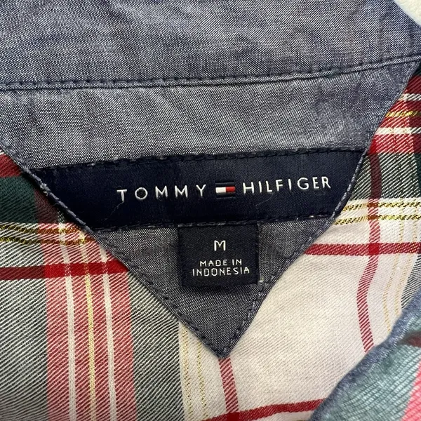 Tommy Hilfiger Women's Red Green Plaid Metallic Thread Roll-Tab Shirt Size M - Image 3