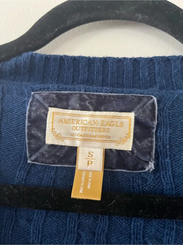 Vintage Y2K American Eagle Cable Knit Ribbed V Neck Sweater Small Blue Preppy - Image 2