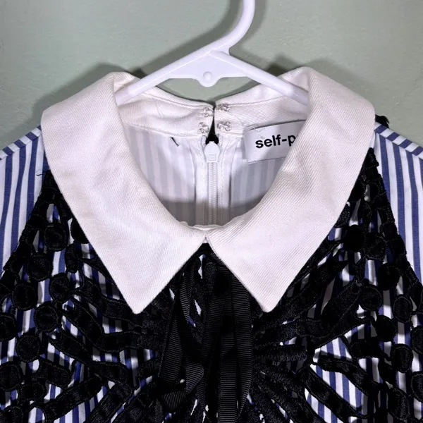 Self-Portrait Blue White Striped Lace Overlay‎ Collared Mini Dress Belted size 0 - Image 5