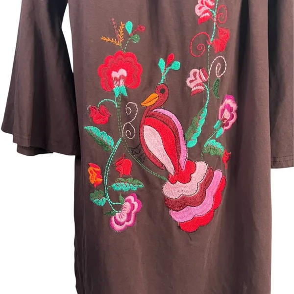 VaVa by Joy Han Brown Embroidered Bird Floral Cold Shoulder Top - Sz L - Image 3