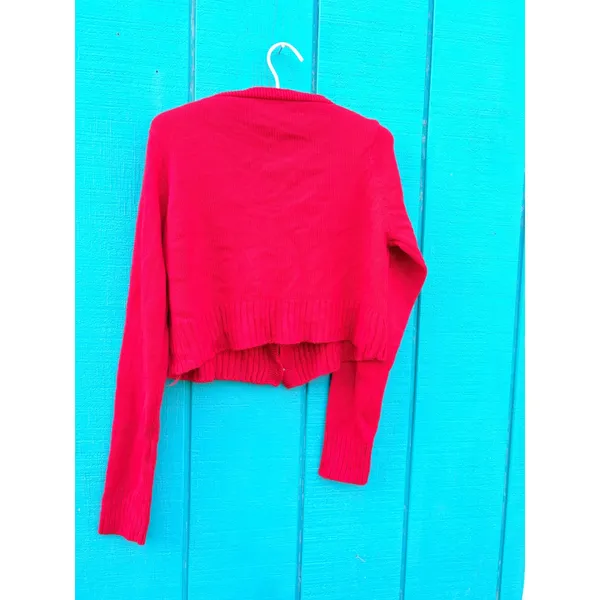 Womens Red Cropped Cardigan V-Neck‎ Button Front Long Sleeve Knit Sweater - Image 3